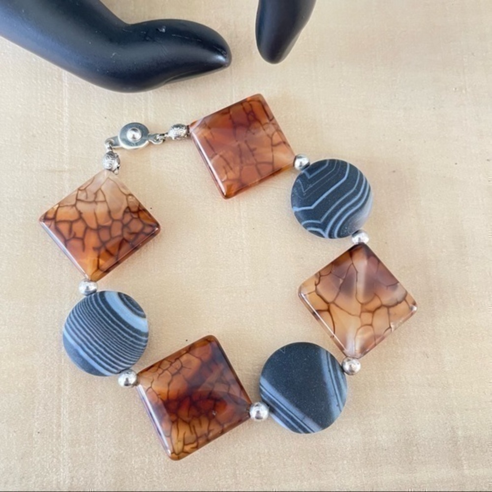 NEW Handmade Chunky Mixed Texture Agate Bracelet 8” Geometric Fall Multicolor